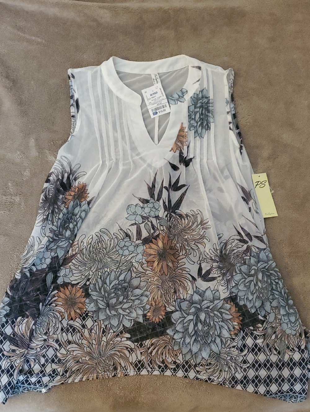 Floral Pintuck Sleeveless V-Neck Top in White with Blue & Tan Flowers